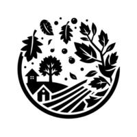 A stylized, circular illustration featuring a charming black and white depiction of a rural landscape within a curved frame, encompassing a farmhouse, field, trees, leaves, and berries, suggesting nat vector