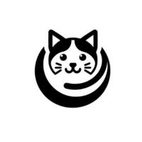Minimalist Black and White Circular Cat , Features a stylized face and a crescent moonlike shape, set against a clean, white backdrop. vector