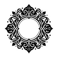Intricate monochrome symmetrical floral mandala with a central blank circle, featuring detailed leaves, swirls, and dotted border. vector