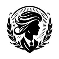 Silhouette of a distinguished woman in a suit, adorned with laurel branches and radial lines, representing strength and elegance. vector
