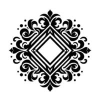 Intricate Black and White Floral Mandala A symmetrical pattern with stylized flourishes and a central geometric diamond shape. vector