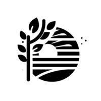 Abstract Minimalist Composition Black Tree Silhouette with Leaves, Overlapping a Circular Grayscale Landscape Representing Horizon and a Rising Sun. vector