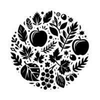 A stylized, black and white circular featuring various plant elements, including apples, leaves, berries, and floral details, creating a balanced and decorative composition. vector