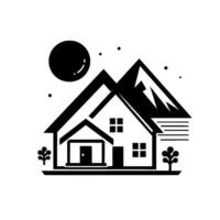 Monochromatic Illustration A stylized house amidst mountains, featuring a sun, trees, and geometric elements, evoking a sense of serene living. vector