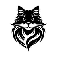 A stylized black cat portrait, rendered in stark black and white, showcasing a fluffy mane and minimalist . vector