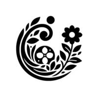 Intricate Black and White Floral A stylized composition featuring swirling leaf motifs, a central flower, and a secondary stylized floral element, creating a cohesive, symmetrical pattern on a vector