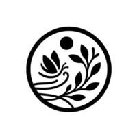 Elegant black and white natureinspired circular emblem featuring a stylized butterfly, leaves, sun, and wind. vector