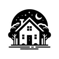 A monochrome illustration of a cozy house at night, with stars and a crescent moon in a rounded backdrop, surrounded by stylized trees. vector