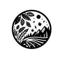 A monochromatic, circular nature scene featuring leaves, mountains, a sun, and stylized fields, conveying a serene, outdoorsy feel. vector