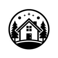 A Black and White Minimalist featuring a CabinStyle House Surrounded by Trees, Stars and Dots, Encased in a Circular Border, Evoking a Sense of Tranquility and Nature. vector