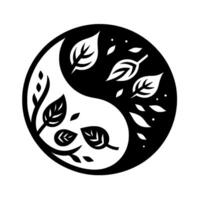 Yin Yang symbol morphing with leaves, showcasing natures balance, in a minimalist black and white style. vector