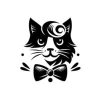 Stylish Tuxedo Cat A monochrome featuring a dapper feline with a bow tie and stylish curled hair, exuding elegance and charm on a clean white background. vector