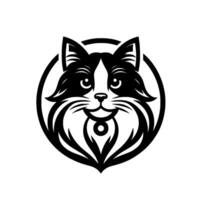 A stylized, monochrome portrait of a fluffy cat head enclosed within a circle, showcasing a charming, playful expression, featuring a distinctive, flowing beard. vector