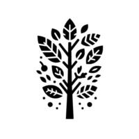 Minimalist Black Tree Silhouette with Detailed Leaves, Berries, and Dots on White Background, Style. vector