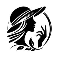 Elegant Silhouette of a Woman with a WideBrimmed Hat and Delicate Hand Gesture, Encircled by an Artistic Frame with Floral Accents in a Minimalist Black and White . vector