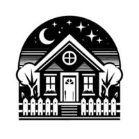 Serene Black and White Illustration of a House Under a Night Sky with Crescent Moon, Stars, Trees, and a Picket Fence. vector