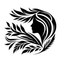 Silhouette of a womans profile framed by organic, leaflike shapes, creating a harmonious balance between nature and femininity. vector
