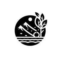 Minimalist Black and White Illustration A stylized apple tree near mountains, crescent moon, and flowing water contained within a dark circular frame against a blank background. vector