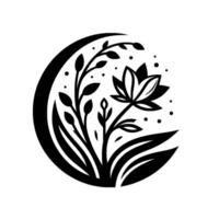 Intricate Monochrome Botanical Illustration Flower and Foliage Composition within a Crescent, Minimalist . vector