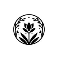 Elegant Black and White Floral Emblem with Blossoms and Foliage in a Circular Frame. vector