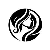 Elegant Silhouette A womans profile, framed by flowing hair and abstract elements, enclosed within a circular black and white . vector