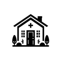 Simplified Monochrome Illustration of a House with a Cross, Trees, and a Minimalist Garden, Ideal for Healthcare or Community Concepts. vector