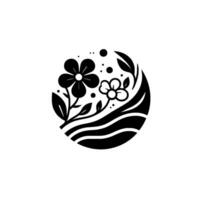 Elegant black and white floral featuring stylized flowers, leaves, and flowing lines within a circular frame, suggesting harmony. vector