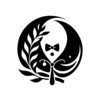A Stylized Black and White Emblem Featuring a Bow Tie, Crescent Moon, Foliage, and a Decorative Pendant within a Circular Frame. vector