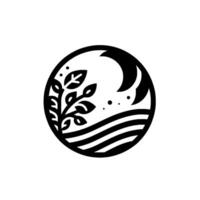 Minimalist Circular Emblem A Black and White featuring a branch with leaves, crescent moon, stars and a stylized water or land horizon. vector