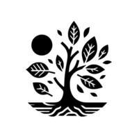 A stylized, highcontrast black and white depicting a flourishing tree with leaves and a setting sun, representing growth and nature. vector