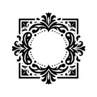 An elegant, symmetrical black and white ornamental frame featuring floral and scrollwork details within a square border and a circular interior, against a white backdrop. vector