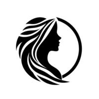 Silhouette of a womans profile with flowing hair, gracefully enclosed by a circle, representing beauty and elegance. vector
