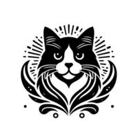 Elegant tuxedo cat portrait adorned with stylized botanical flourishes and radiating lines, showcasing feline serenity and artistry in monochromatic splendor. vector