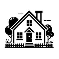 Minimalist Black and White Illustration of a House with Trees, Fence, and Cloud Elements in a Clean, Flat Style. vector