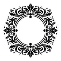 Elegant Black Floral Ornament with Circular Frame, a symmetrical of leaves, swirls and dots, perfect for invitations and decorations. vector