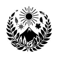 Intricate Circular Emblem A stylized black and white natureinspired featuring a mountain, sun, leaves, and other natural elements. vector