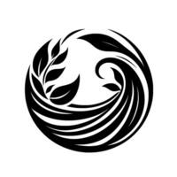 A symmetrical, black and white botanical , resembling a stylized wave and leaf motif, presented within a circular frame, evoking balance and natural elegance. vector