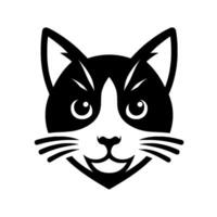 A bold, stylized, black and white illustration of a grinning cats head, with piercing eyes, whiskers, and a strong geometric , perfect for branding or . vector