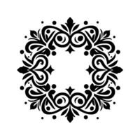 Intricate Black and White Floral Wreath , featuring symmetrical curves, decorative swirls, leaflike details, and dot accents, creating a circular, ornamental pattern on white background. vector