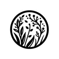 Minimalist Black and White Botanical Circle Featuring Leaves, Berries, and Foliage, Set Against White Background. vector