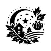 A stylized black and white emblem featuring a cozy house, pumpkin, starry moon, and autumnal foliage, symbolizing harvest and seasonal themes. vector