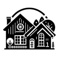 A stylized monochrome illustration depicts two connected houses with decorative windows, trees, and a surrounding arched element. vector