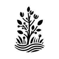 A minimalist black and white illustration of a stylized tree with leaves, berries, and grass, set against a wavy background. vector