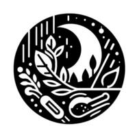 Circular Monochrome Illustration A stylized crescent moon, botanical elements, and a spoonlike shape combine for a unique, balanced . vector