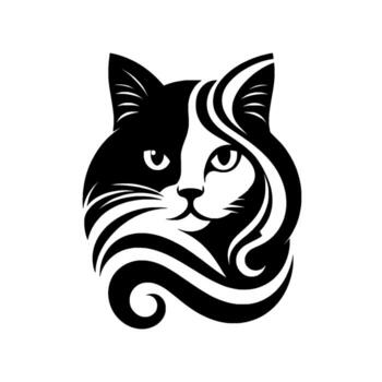 A striking monochrome of a cats face, featuring a split and flowing abstract elements. vector