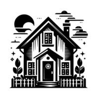 A Stylized Black and White Illustration of a Cozy House Under a Night Sky, Featuring Stars, Clouds, and a Fence, Depicting a Warm Welcome. vector