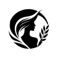 Elegant Silhouette of a Woman with Flowing Hair and Olive Branch Within a Circular Frame, Black and White . vector