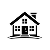 A minimalist, stylized black and white illustration of a house featuring a gabled roof, symmetrical windows, a door with an exclamation point, and a chimney against a clean white background, with a gr vector