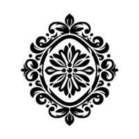 Intricate Black and White Ornamental A symmetrical, stylized floral and leaf motif within an oval frame, evoking elegance and classic aesthetics. vector