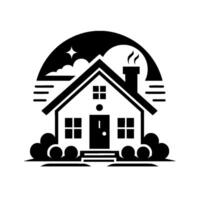 Simple Illustration of a Home in Black and White Featuring a House, Night Sky, and Decorative Bushes. vector